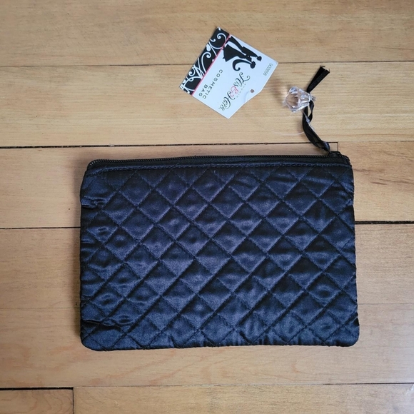 New With Tags Black Quilted Rhinestone Bride Clutch / Makeup Bag - Picture 2 of 6